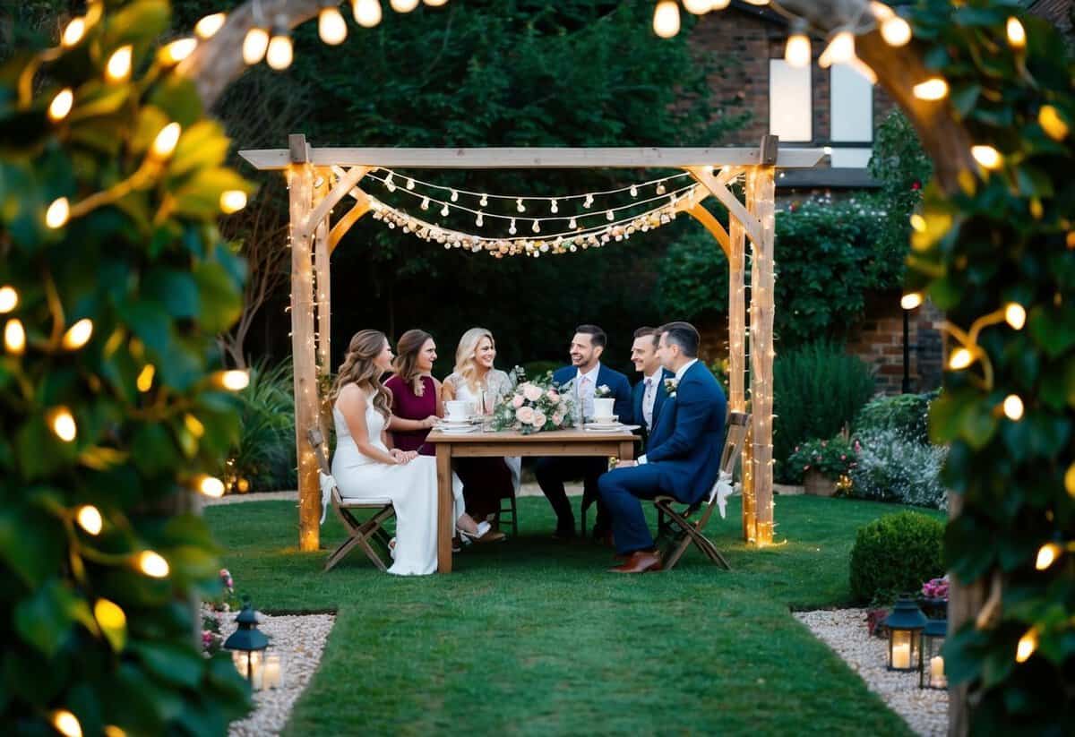 A cozy garden setting with twinkling lights, a rustic wooden arch, and a small gathering of loved ones seated at a beautifully decorated table