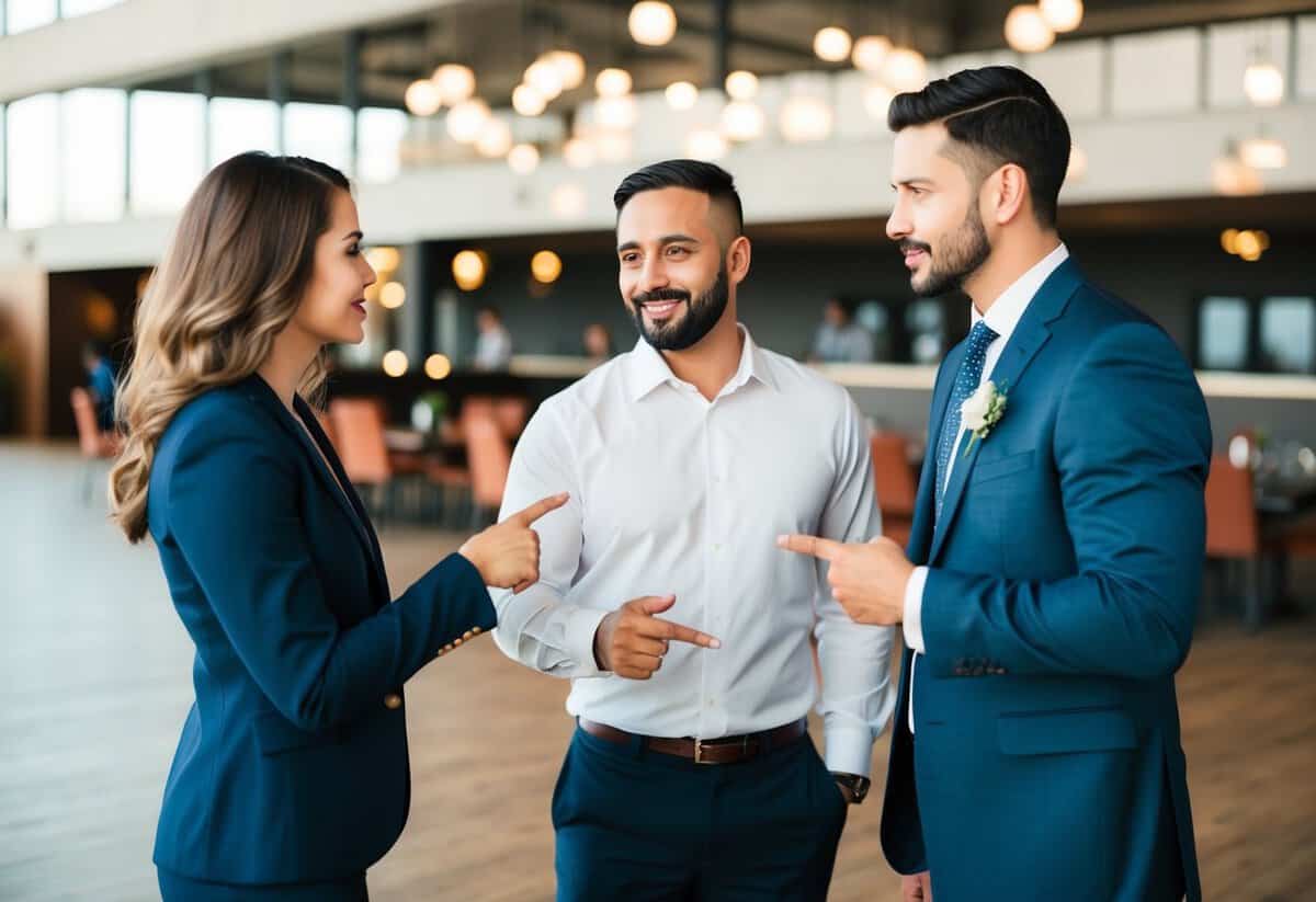 A couple negotiating with a venue manager, pointing to different areas and discussing pricing options