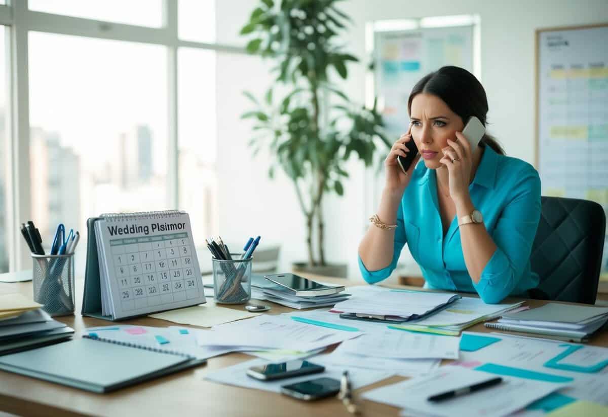 A cluttered desk with scattered papers, a calendar filled with appointments, and a stressed-out wedding planner on the phone