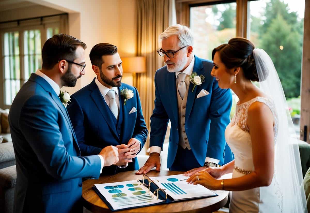 The groom's parents discuss wedding details with the couple and a wedding planner at a cozy, well-lit table. A binder of wedding plans is open in front of them