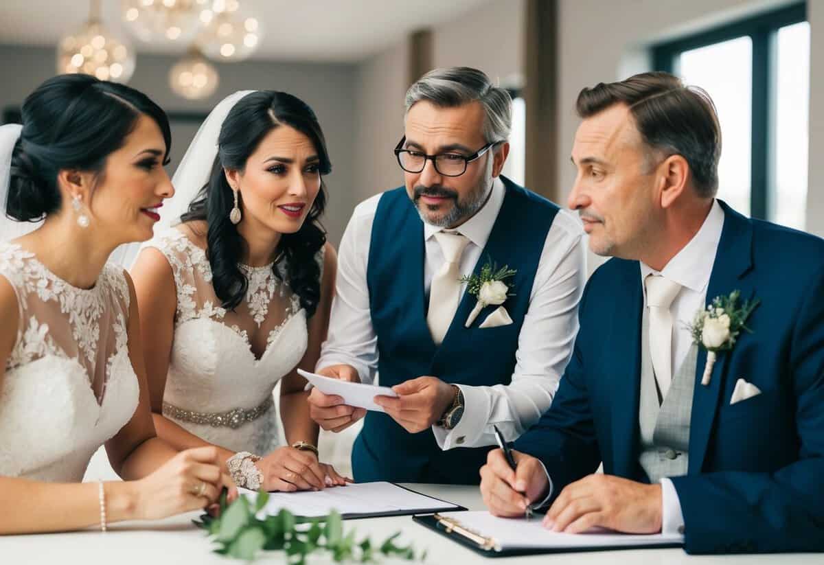 The groom's parents are seen discussing wedding details with the couple, offering suggestions and taking notes during the planning process