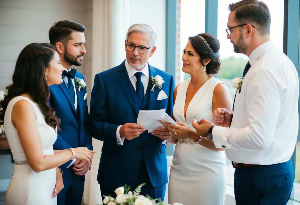 Groom's parents discussing wedding details with the couple and event planner