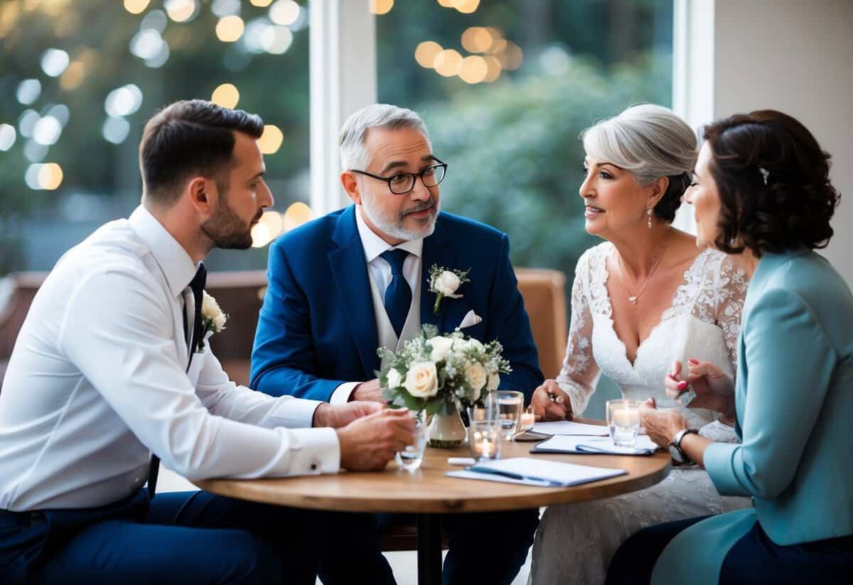 Groom's parents discussing wedding plans with the couple and offering support and contributions