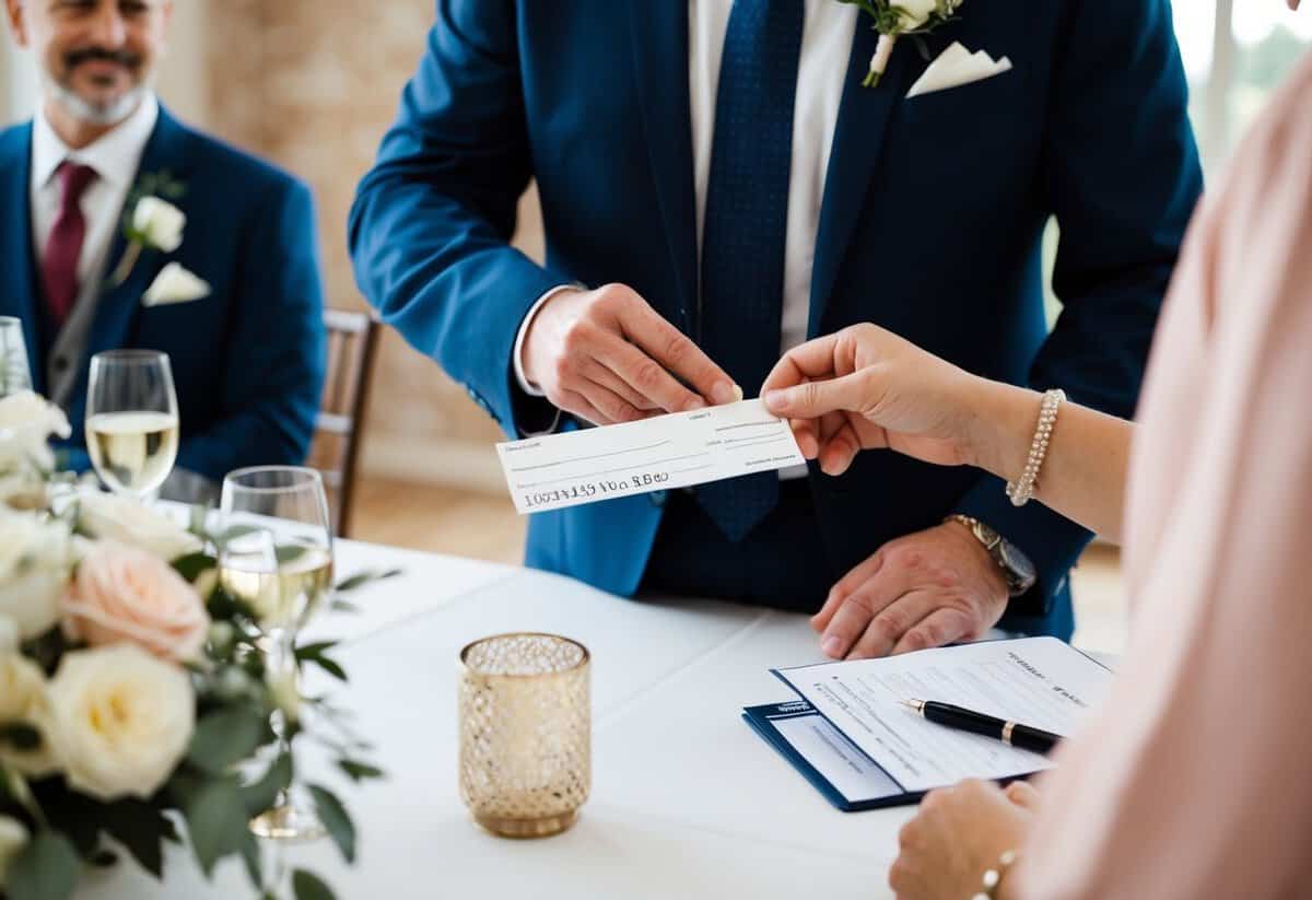A father handing over a check to a wedding planner