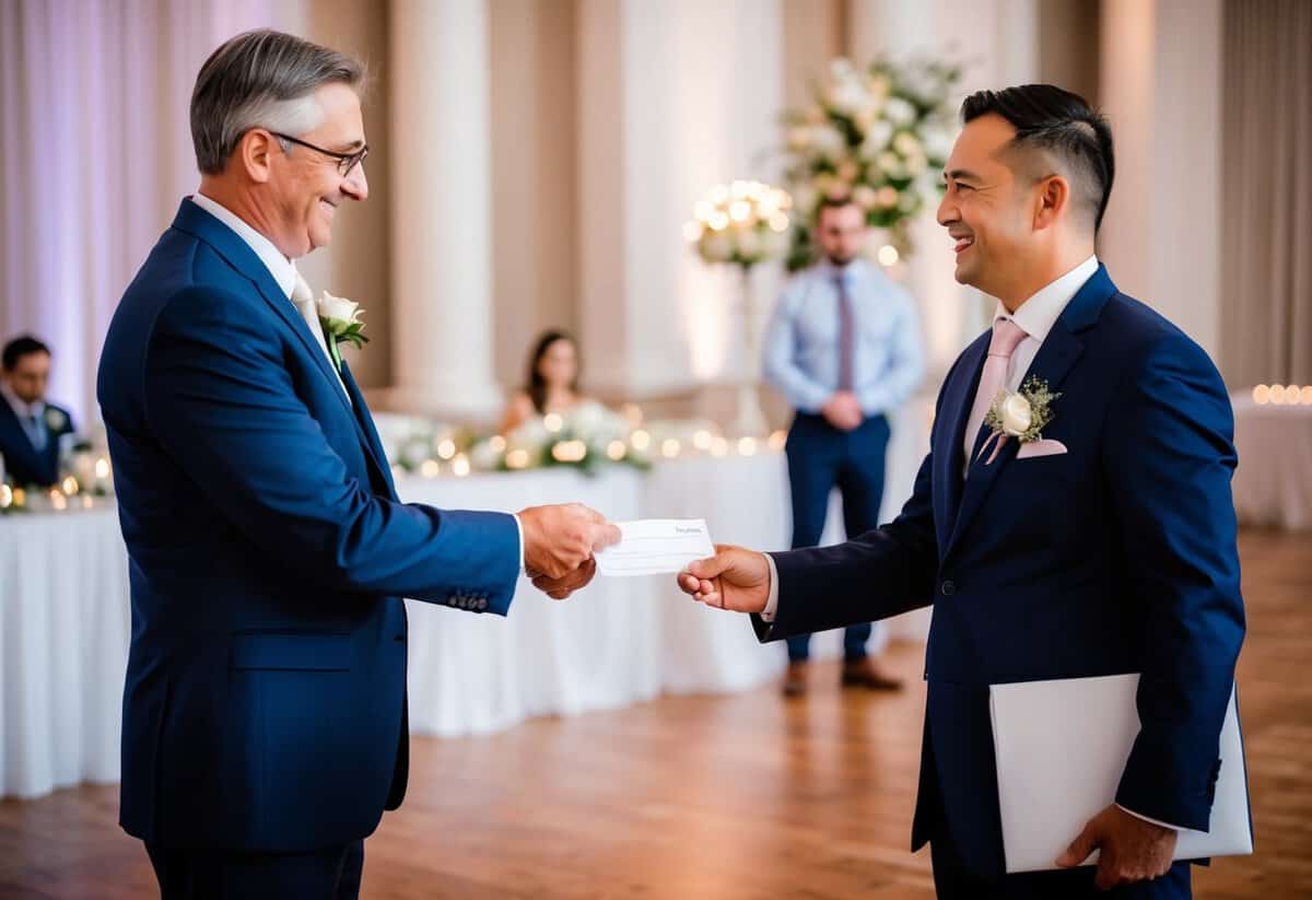 A father handing over a cheque to a wedding planner in a grand reception hall