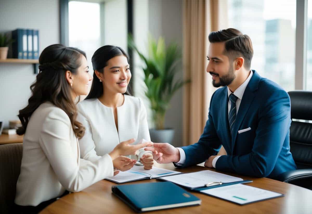 A couple discussing wedding expenses with a financial advisor in a cozy office setting