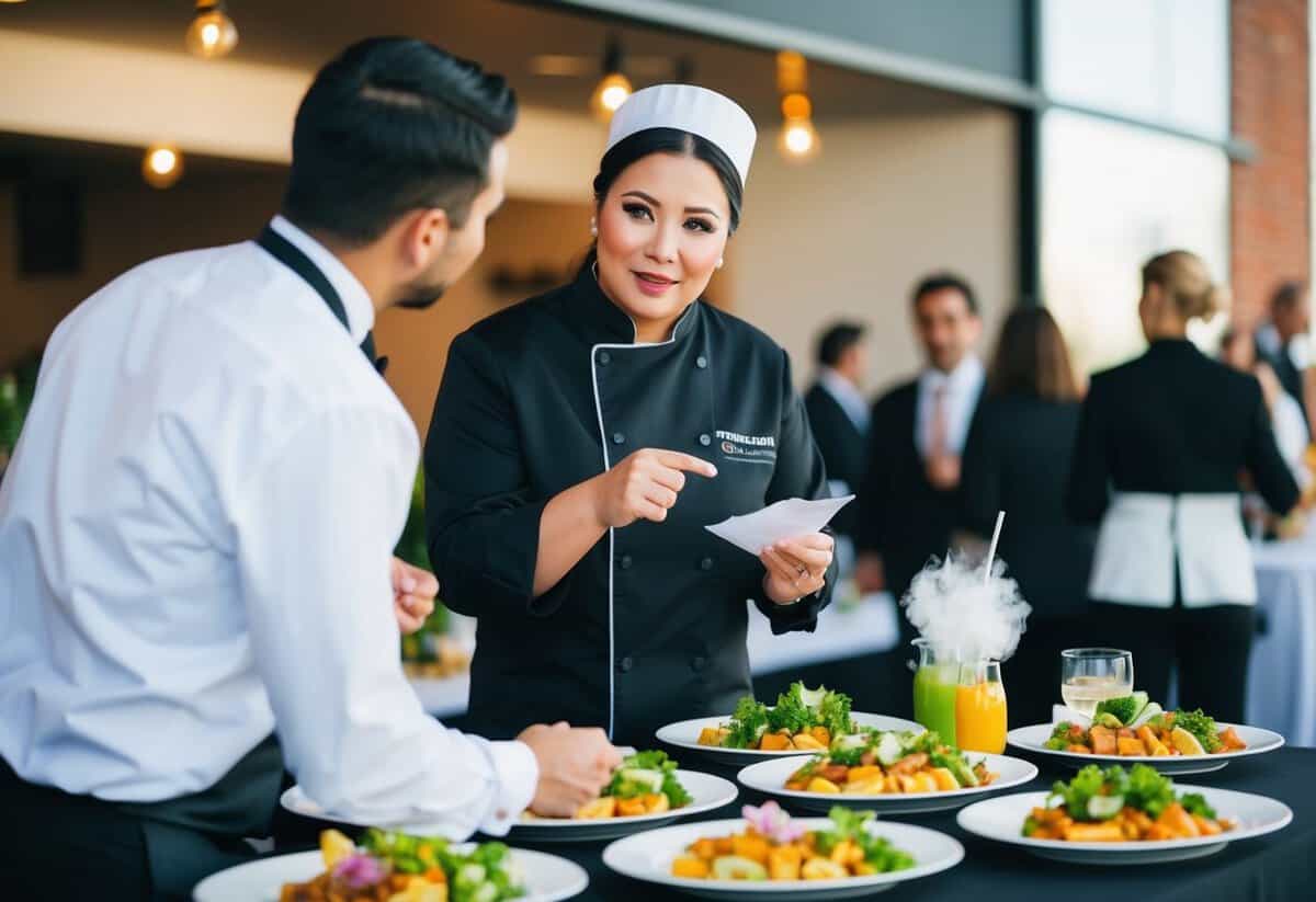 A person and a caterer discussing prices at a table with food and drink samples