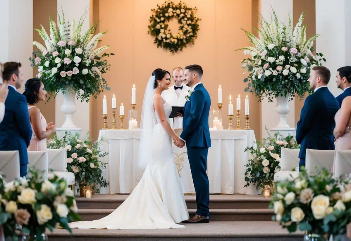 A bride and groom standing at the altar, surrounded by floral arrangements, candles, and elegant table settings