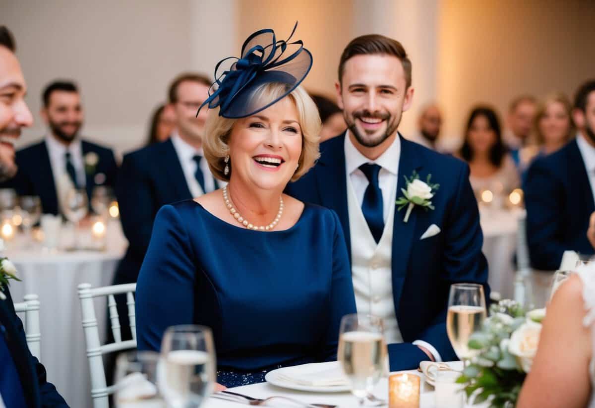 A joyful wedding reception with a smiling mother of the groom wearing a sophisticated navy blue dress and a matching fascinator