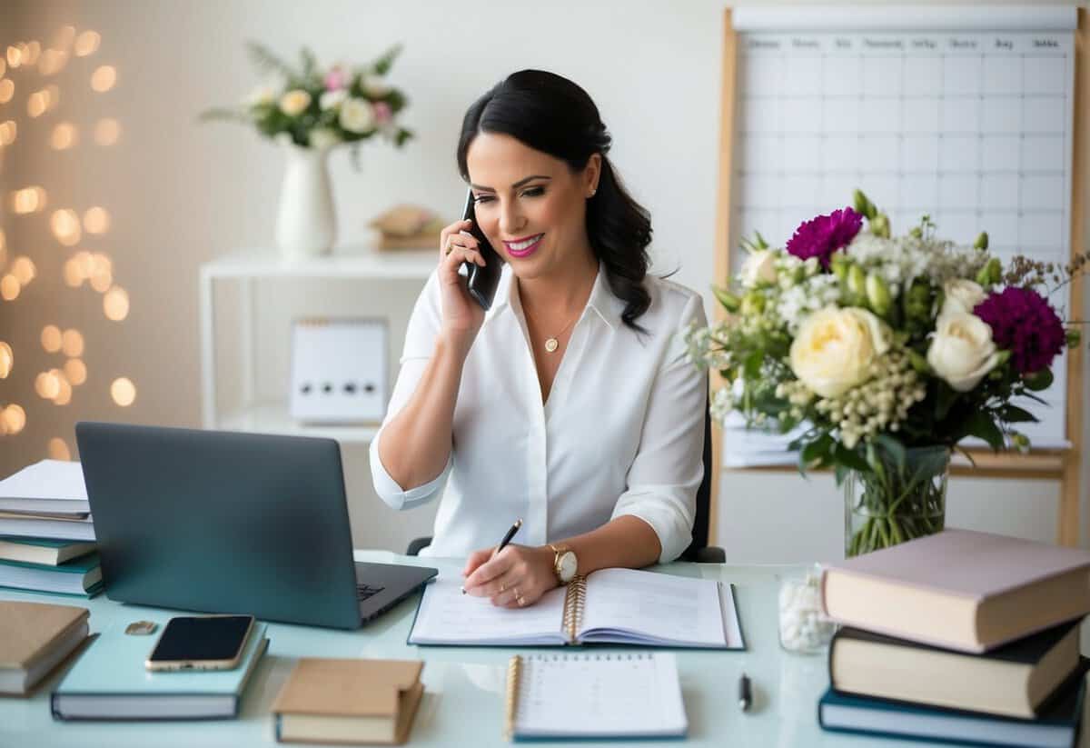 A wedding planner sits at a desk, surrounded by books, a laptop, and a calendar. They are speaking on the phone, taking notes, and arranging flowers and decorations