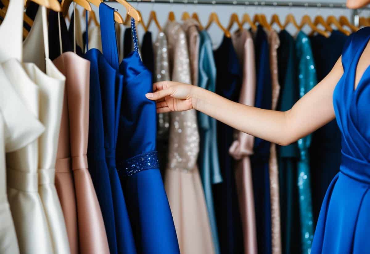 A woman's hand selecting a deep blue dress from a rack of elegant garments