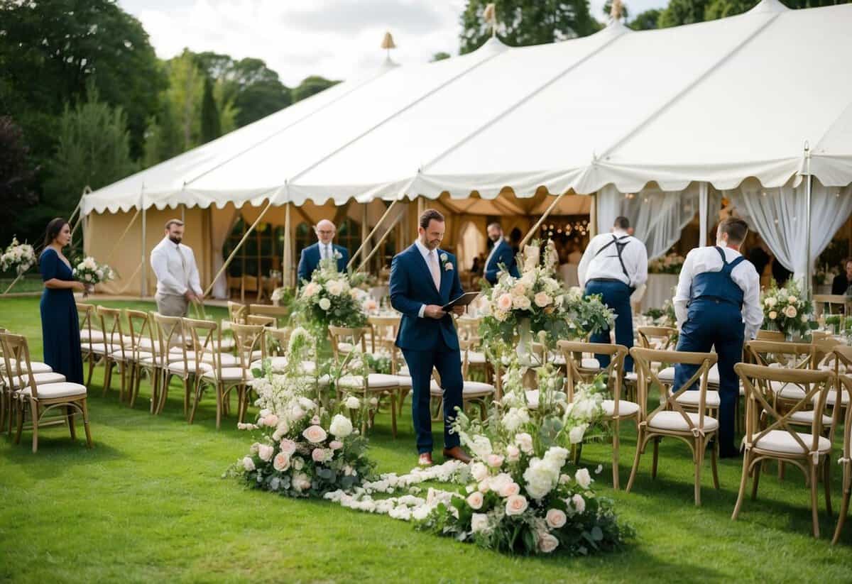 A wedding planner organizes flowers, decor, and seating for a garden ceremony, while a team sets up a tent for the reception