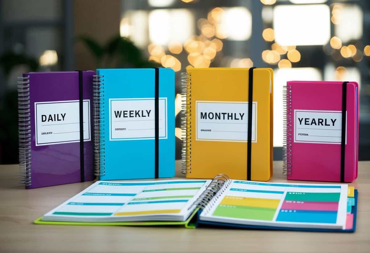 A desk with various planners: daily, weekly, monthly, and yearly. Each planner has colorful covers and different layouts inside