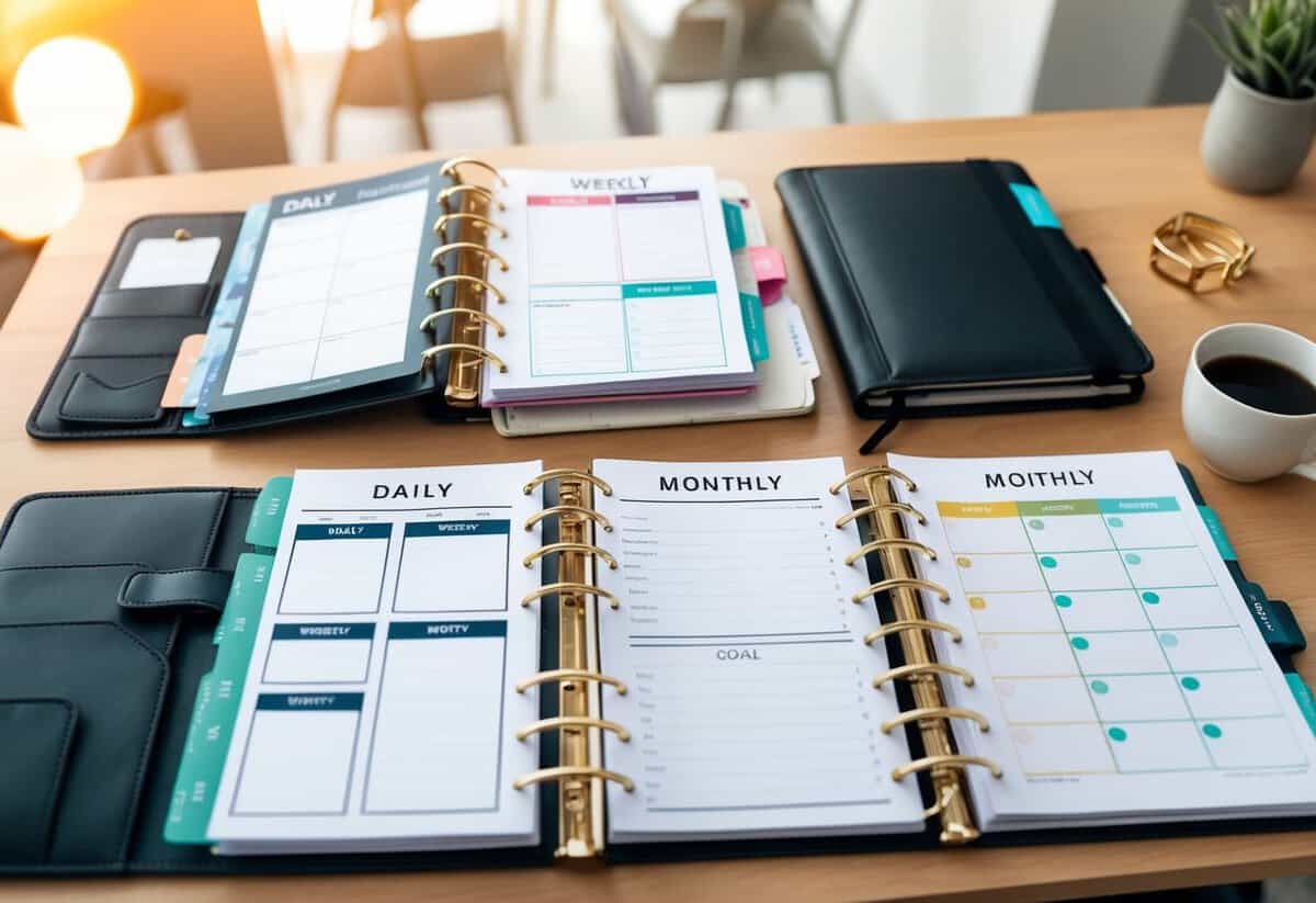A desk with various planners: daily, weekly, monthly, and goal-oriented. Each planner is open to a different page, showcasing their unique layouts and designs