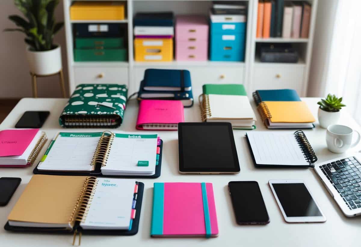 A desk with a variety of planners, notebooks, and digital devices, such as tablets and smartphones, arranged in an organized and visually appealing manner