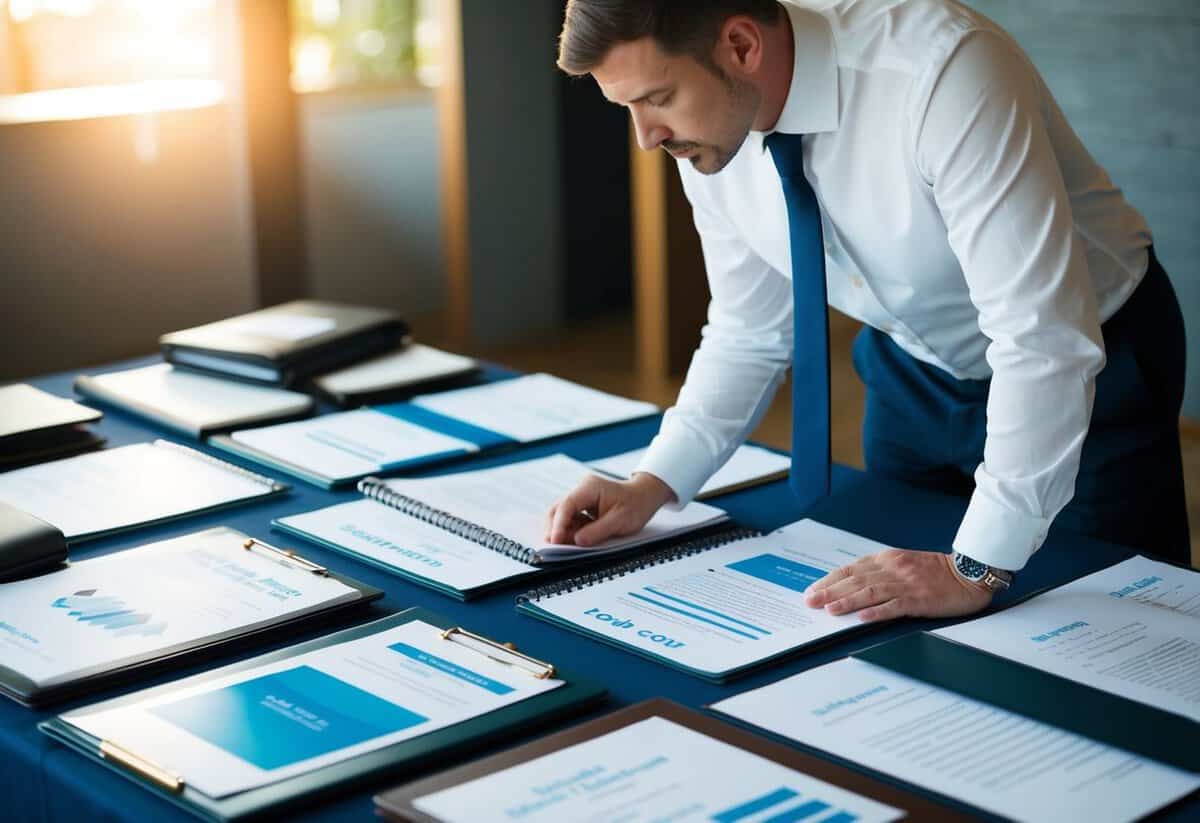 A table covered with various event planning portfolios, certificates, and awards. A person carefully examining each document with a thoughtful expression