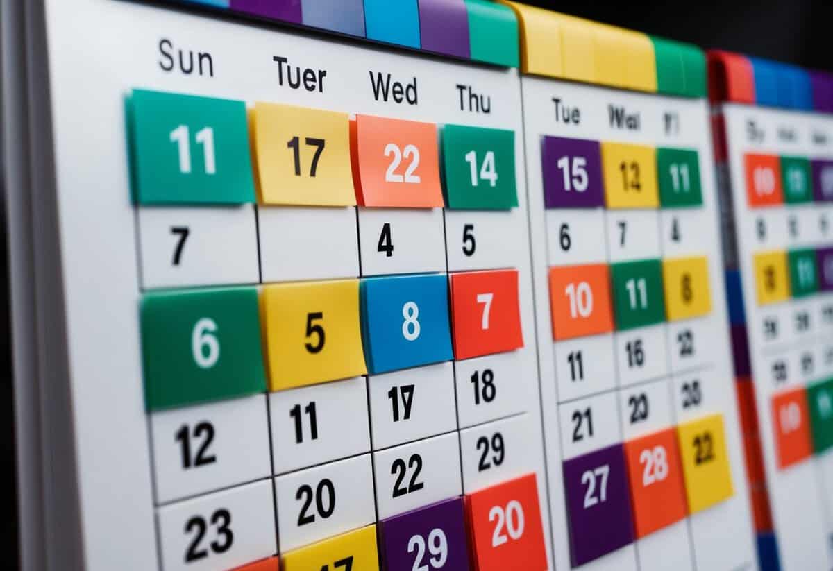 A calendar with various dates marked and color-coded event categories