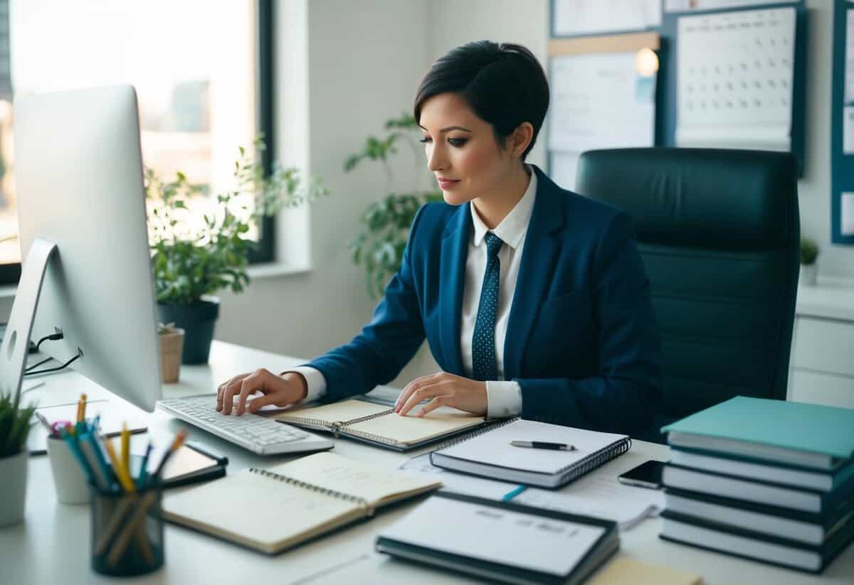 A person at a desk surrounded by calendars, notebooks, and a computer, carefully planning out the details of an event