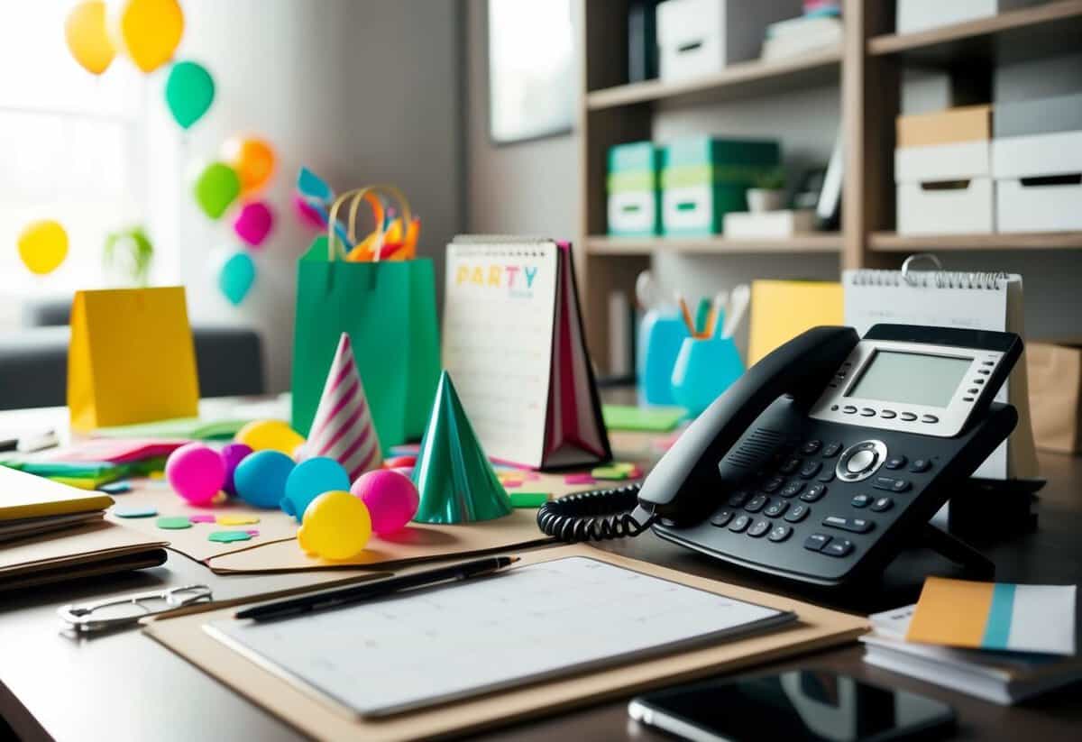 A cluttered desk with scattered party supplies, a calendar, and a phone ringing off the hook
