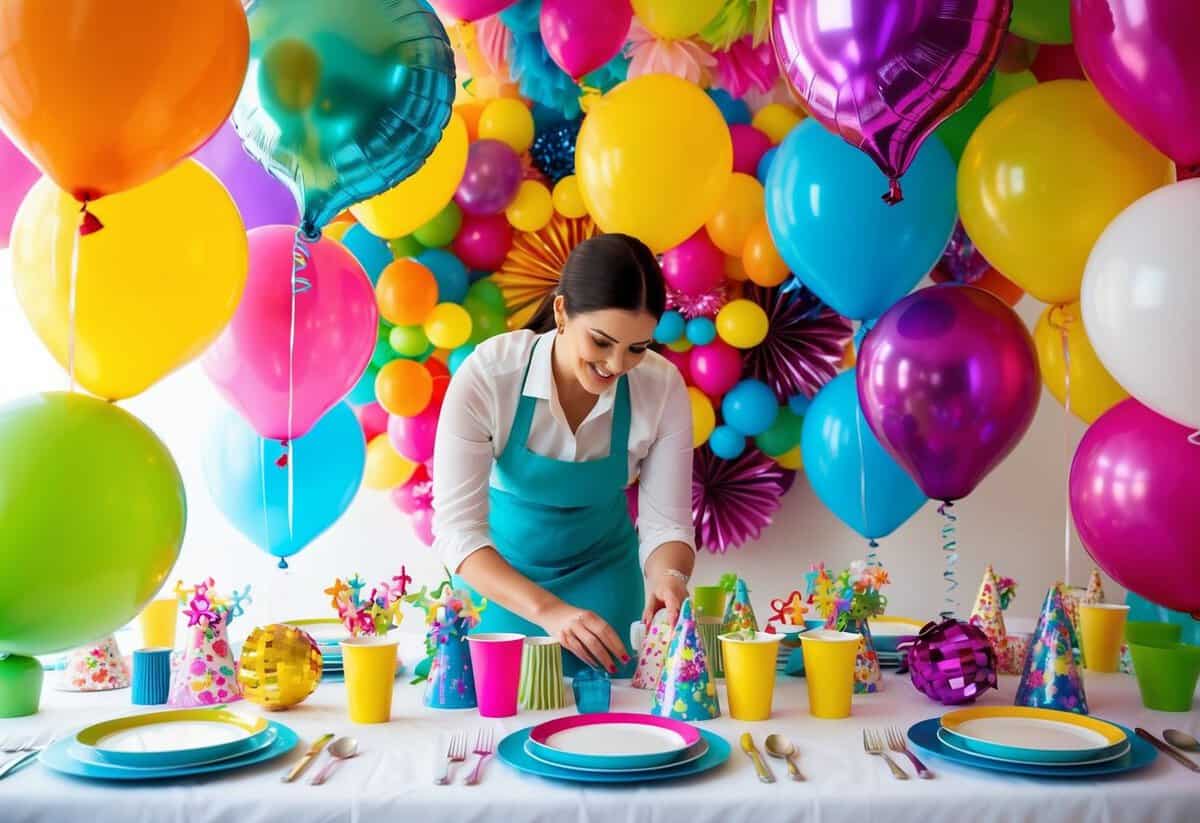 A party planner organizing a colorful array of decorations, balloons, and table settings for a festive event