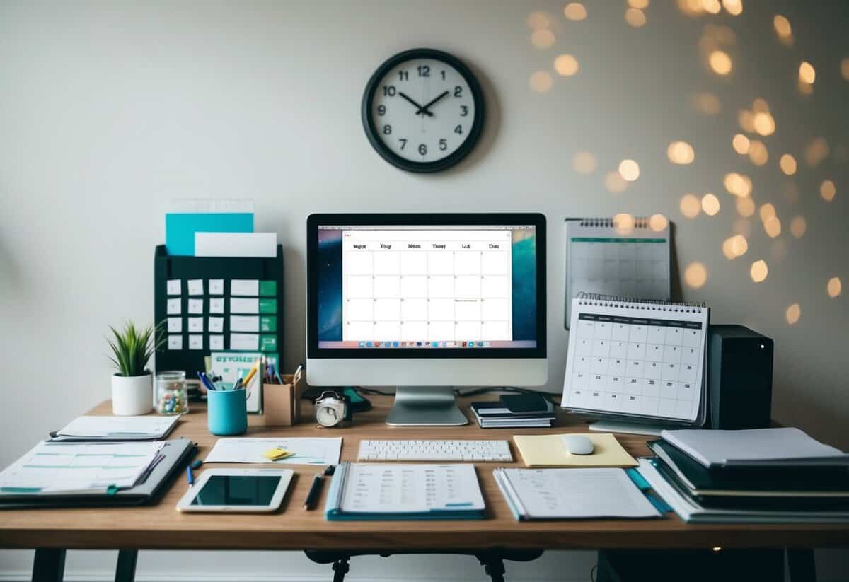 A cluttered desk with a calendar, computer, and various planning materials scattered about. A clock on the wall shows the passing hours