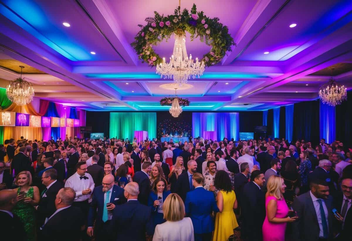 A vibrant event space with various themed decor and a bustling crowd, showcasing the need for a party planner's expertise in coordinating specific event types