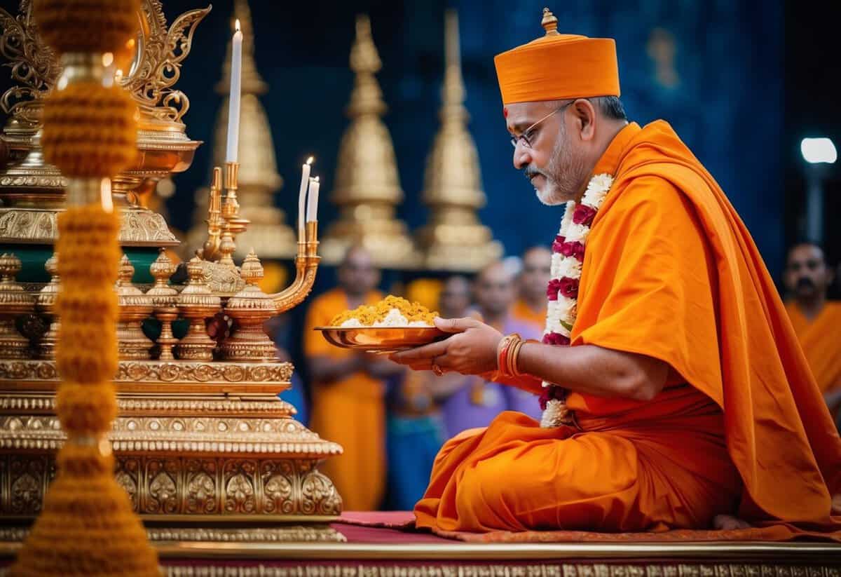 A Hindu priest performing traditional rituals at a temple altar