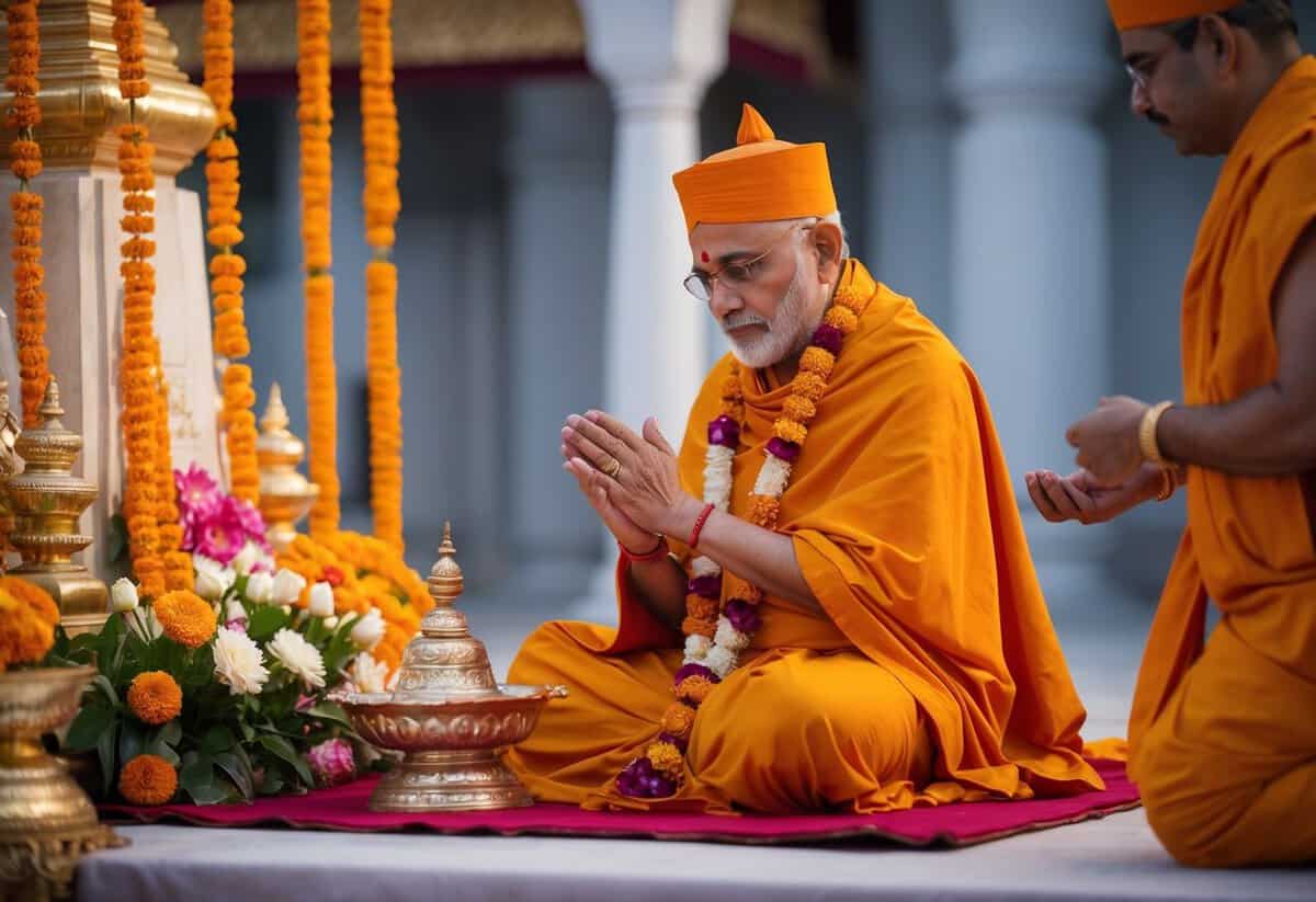 A Hindu priest performing post-ceremony rituals in a serene, flower-adorned temple setting
