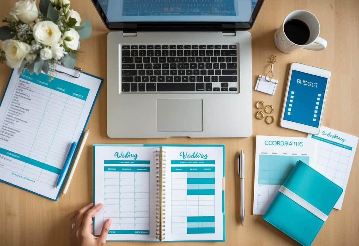 A wedding planner's desk with a calendar, checklist, and coordinating materials spread out, with a laptop open to a budget spreadsheet