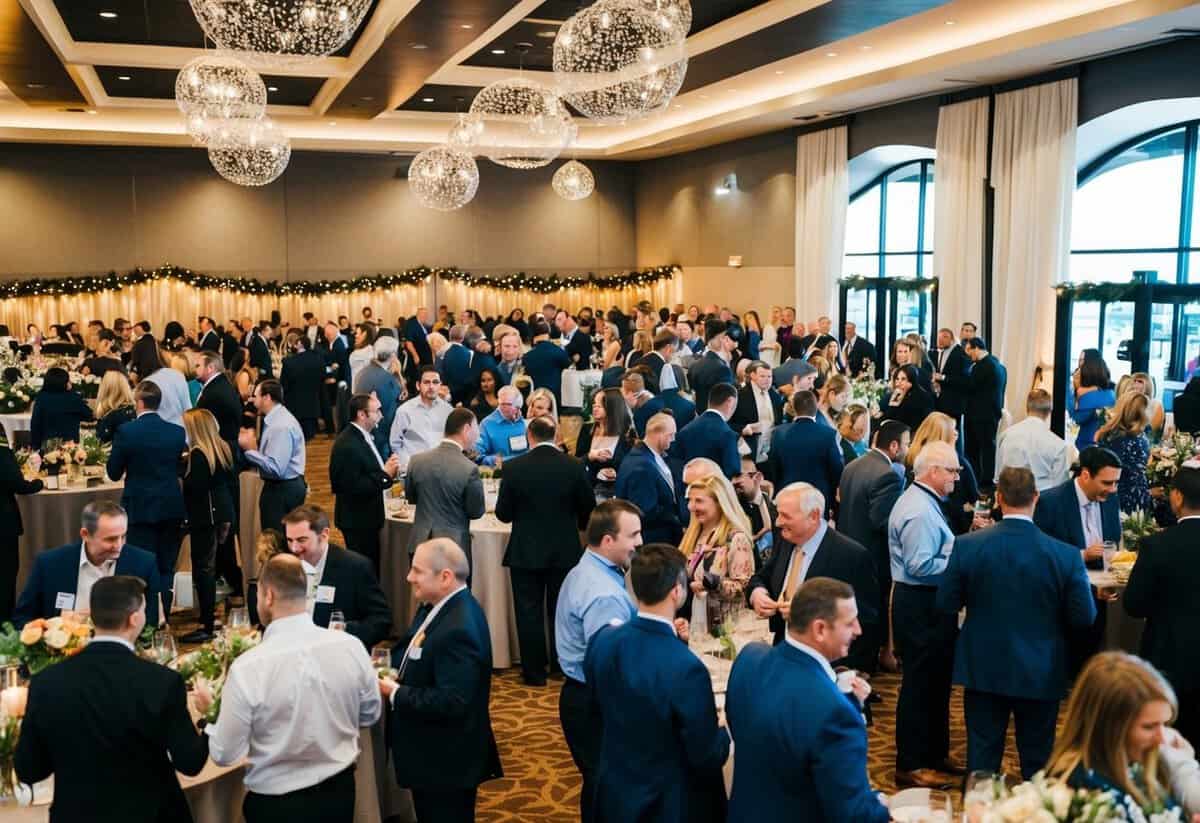 A bustling event venue with vendors, staff, and guests mingling. Decorations and lighting create a festive atmosphere