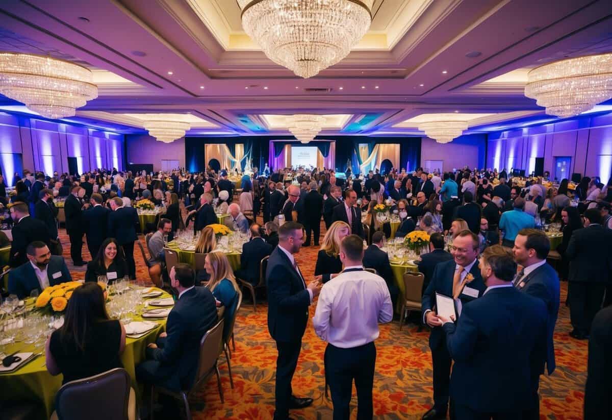 A bustling event venue with a well-organized layout, vibrant decor, and engaged attendees interacting with professional event planners