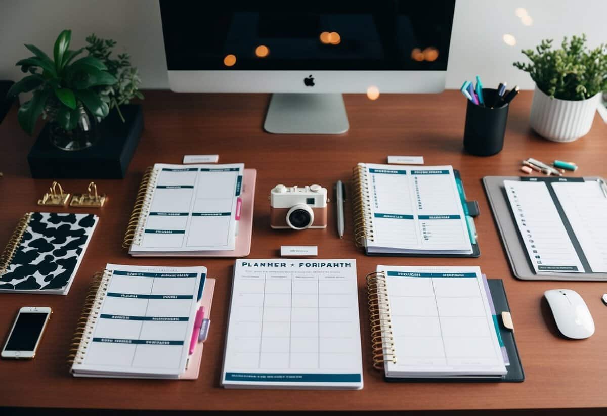 A clutter-free desk with various planner layouts spread out for comparison