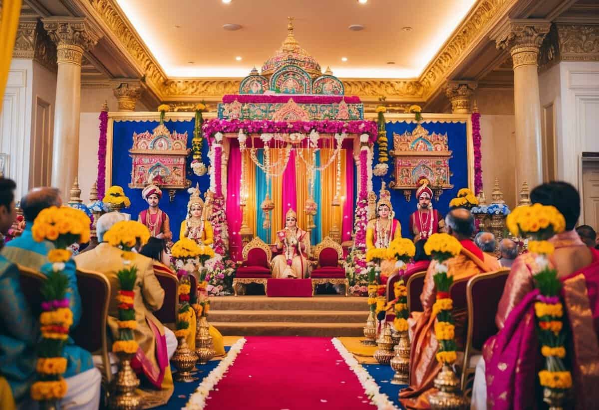 A colorful and ornate Hindu wedding ceremony in a grand UK venue, adorned with flowers, intricate decorations, and traditional religious symbols
