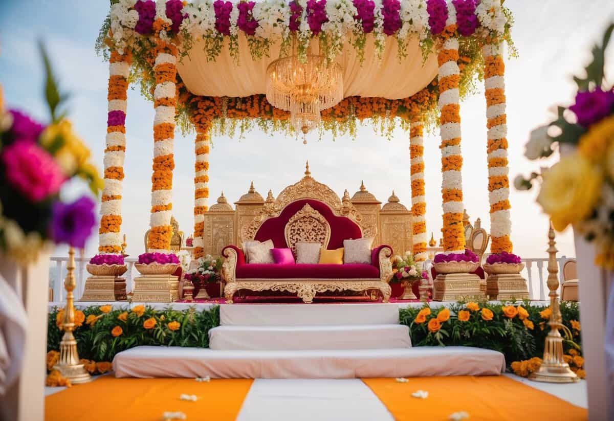 A grand Hindu wedding mandap adorned with vibrant flowers and intricate decorations