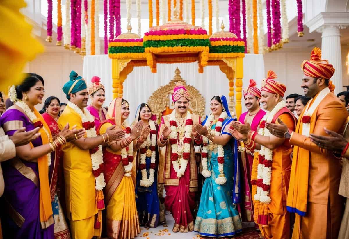 A colorful, lavish Hindu wedding ceremony with vibrant decorations, traditional rituals, and joyful celebrations
