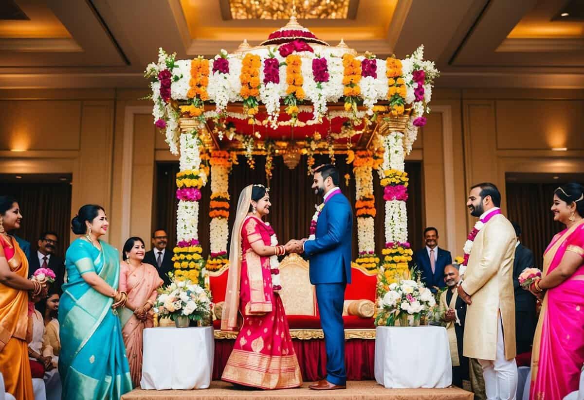 A mandap adorned with colorful flowers and traditional decorations, surrounded by family and friends, with the couple exchanging vows in a Hindu wedding ceremony