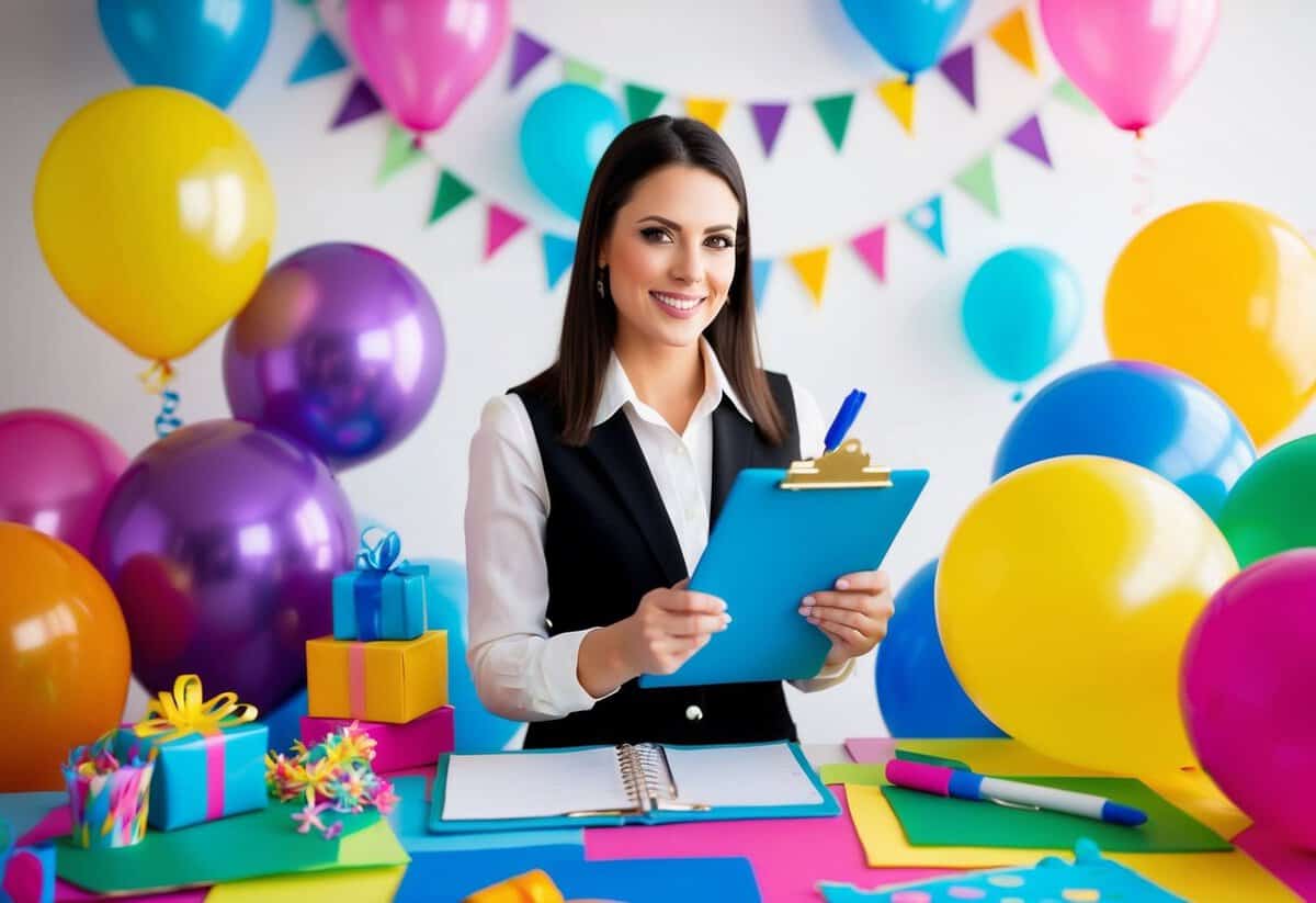 A party planner with a clipboard and pen, surrounded by colorful decorations, balloons, and a variety of party supplies
