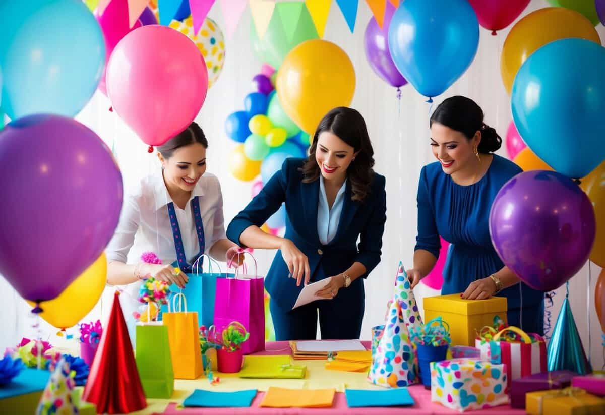 A party planner surrounded by colorful decorations, balloons, and a variety of party supplies. They are busy organizing and coordinating different aspects of the event