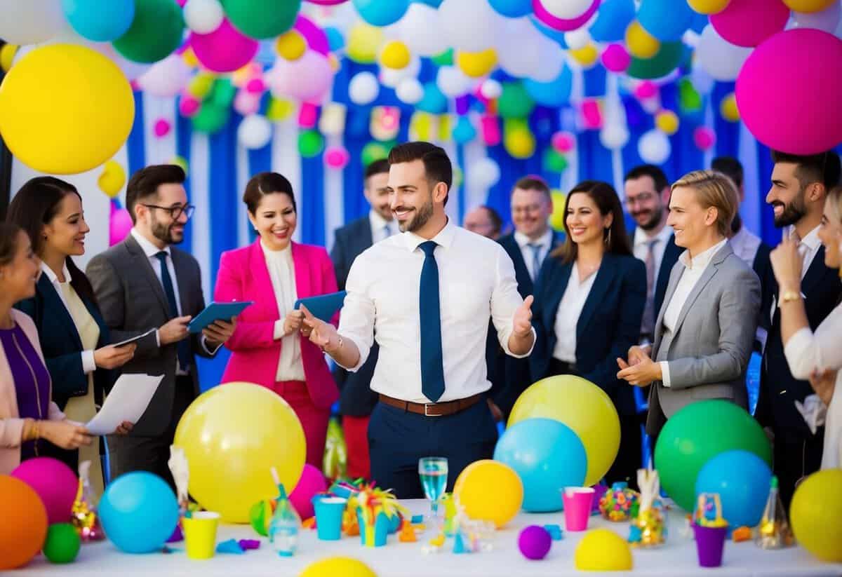 A party planner surrounded by colorful decorations and coordinating with vendors and staff for a successful event