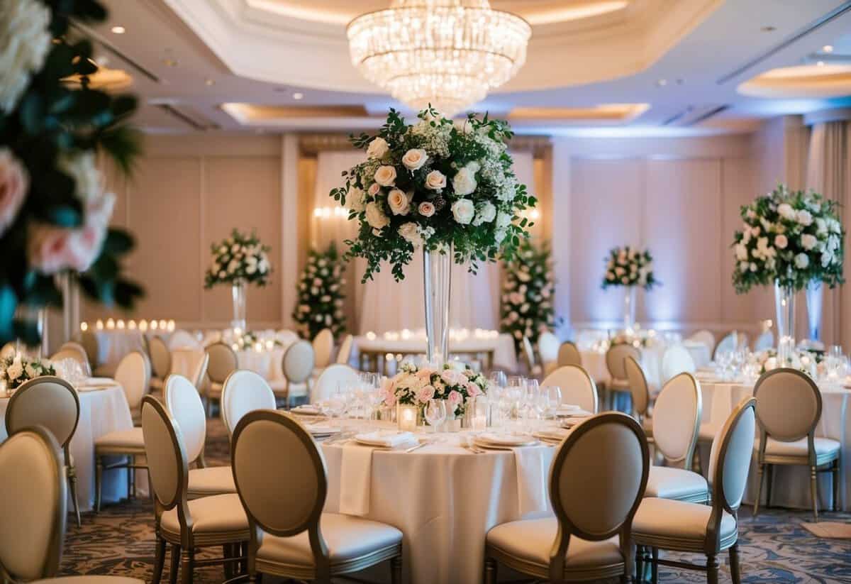A lavish wedding venue with elegant decor and floral arrangements