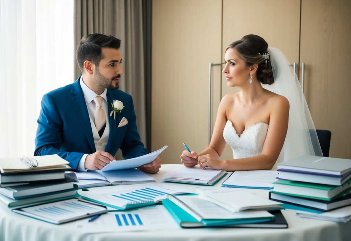 A bride and groom sit at a table covered in wedding planning books and spreadsheets, discussing expenses with concerned expressions