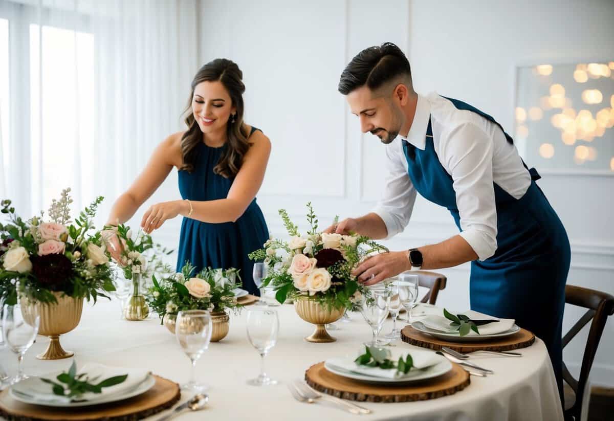 A wedding planner and decorator collaborate on a table setting, arranging flowers and place settings