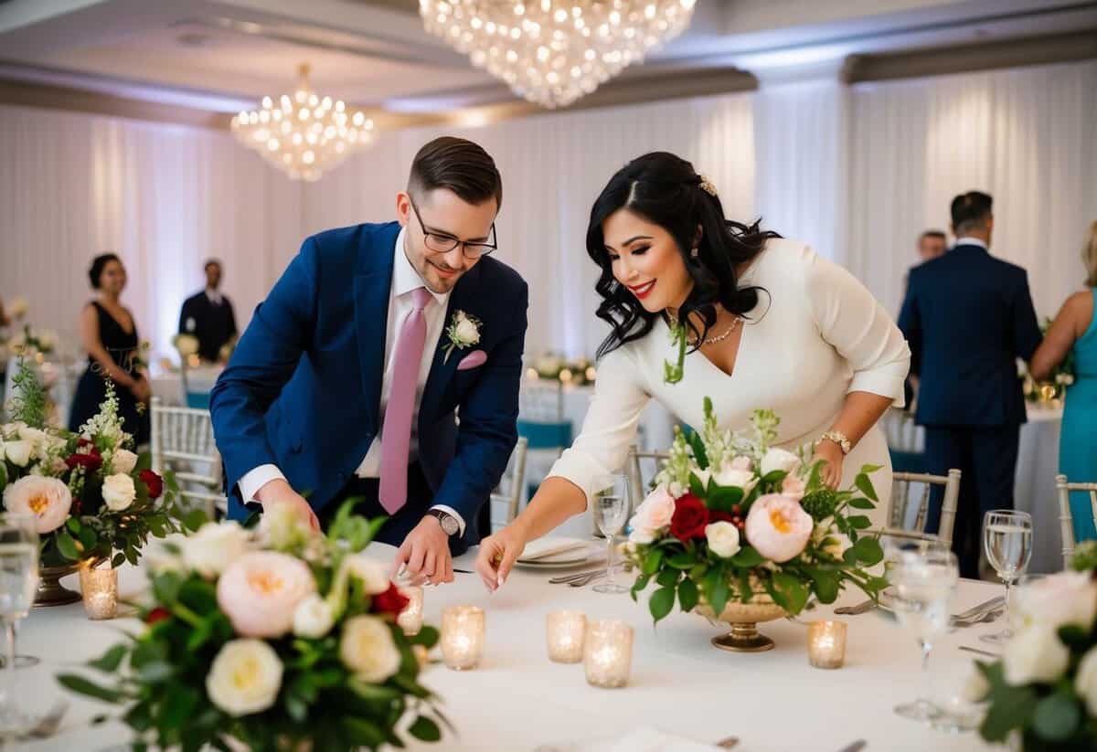 A wedding planner organizing seating arrangements and floral decorations for a reception
