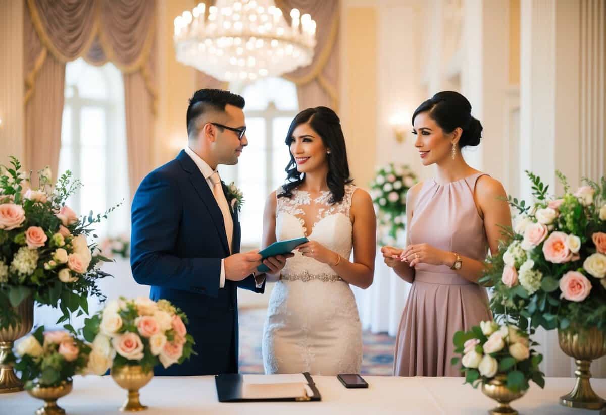 A wedding planner and decorator discussing floral arrangements and color schemes for a grand ballroom