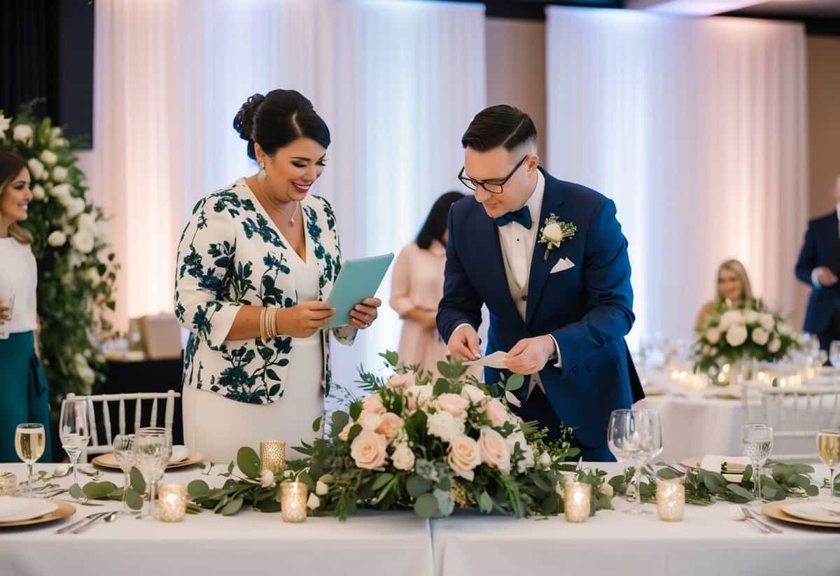 A wedding planner and decorator collaborate on a color scheme, floral arrangements, and table settings for a wedding reception
