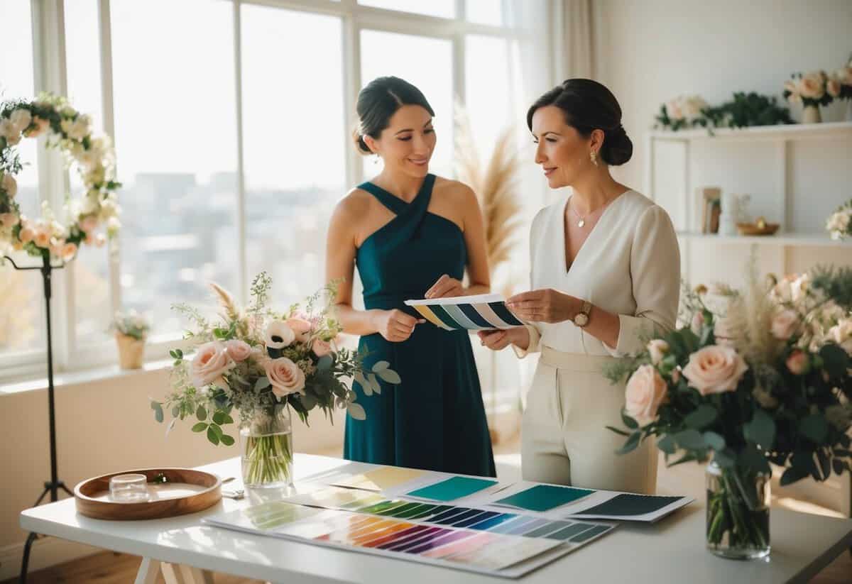 A wedding planner and decorator discussing color swatches and floral arrangements in a cozy, sunlit studio