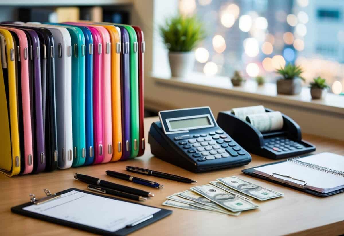 A desk with a neatly arranged array of colorful planners and pens, with a cash register and money scattered around