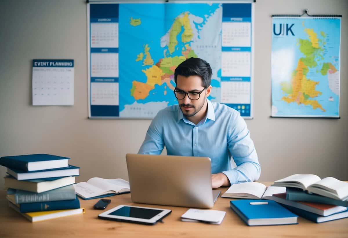 A person researching on a laptop surrounded by books and notes on event planning, with a calendar and a map of the UK on the wall