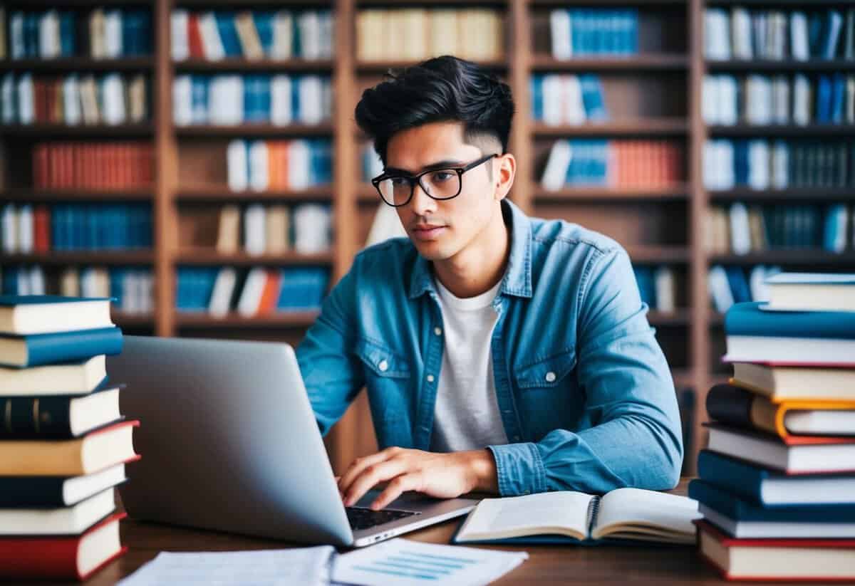 A young person researching event planning on a laptop, surrounded by books and notes, with a determined expression