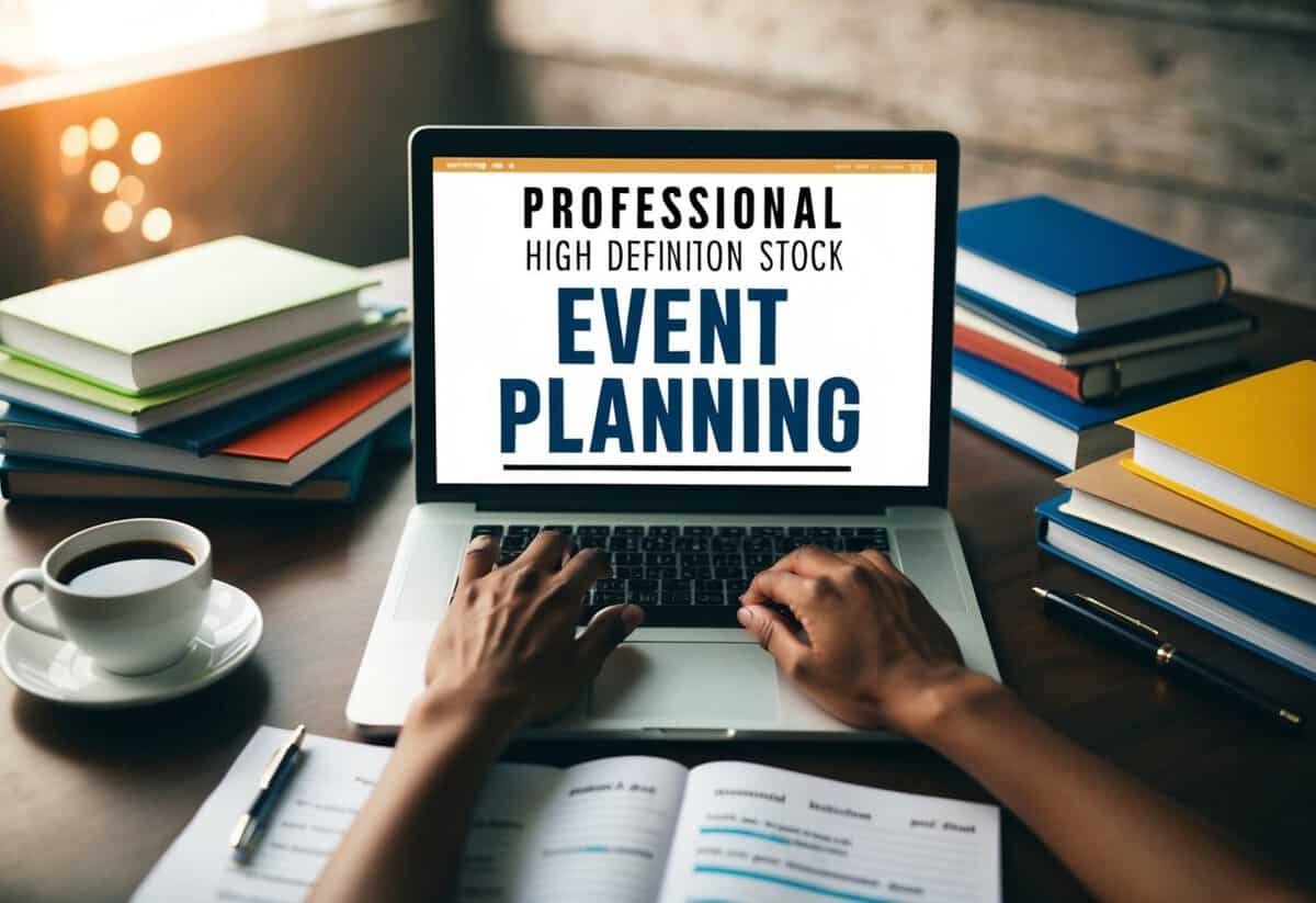 A person researching event planning on a laptop surrounded by books and notes